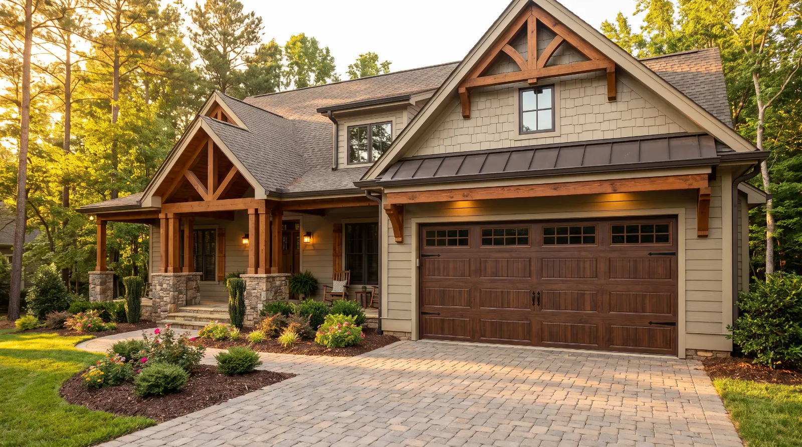 Wood-look carriage house garage door on a craftsman style home