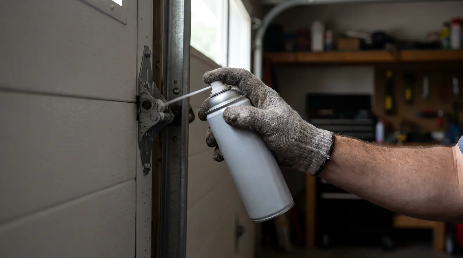 Gloved hand lubricating a garage door hinge and roller