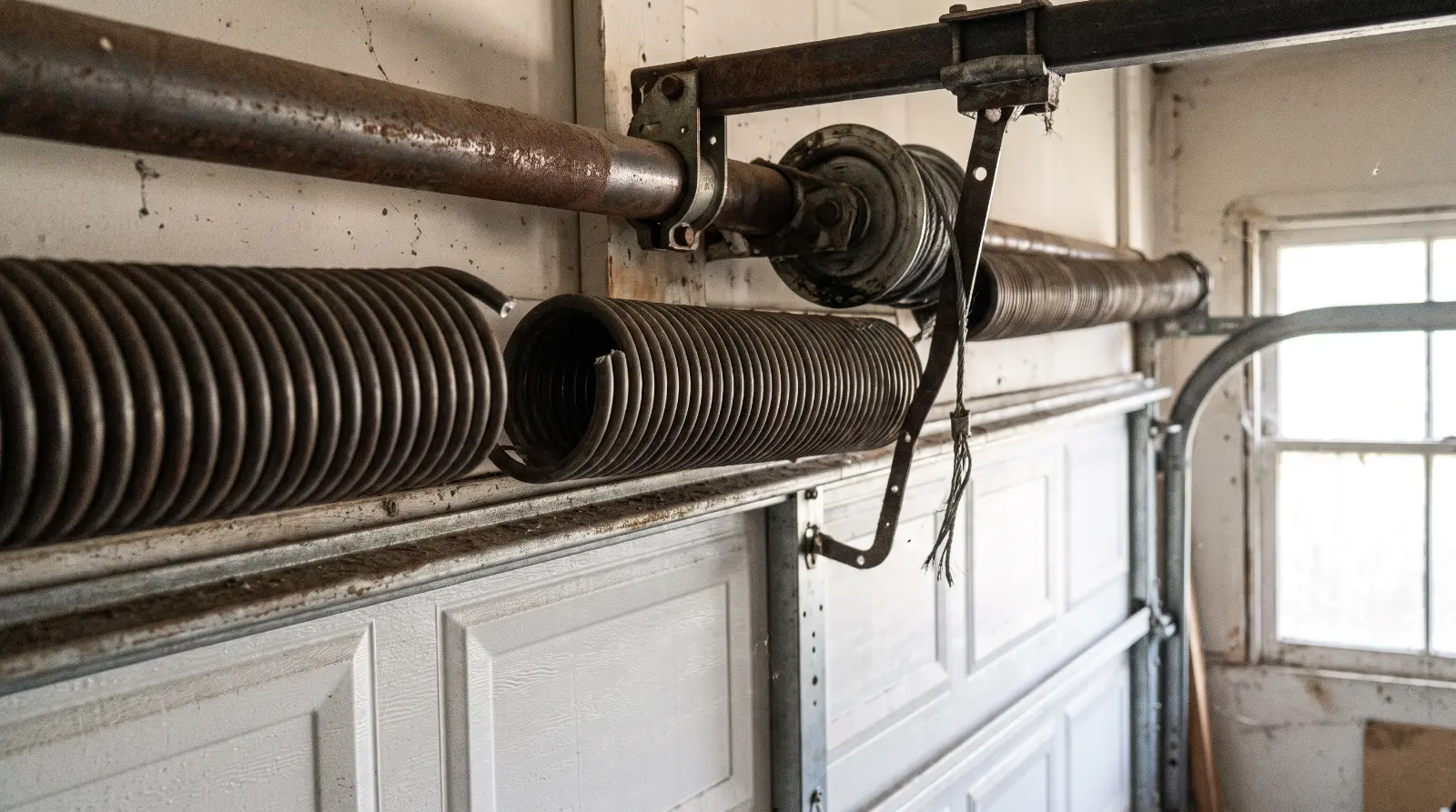Torsion spring and cable drum mounted above a residential garage door